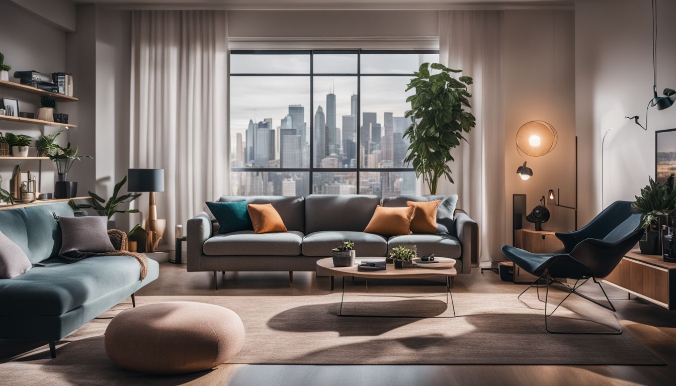 A modern living room with smart devices plugged into a Wyze Smart Plug, featuring cityscape photography and various people.