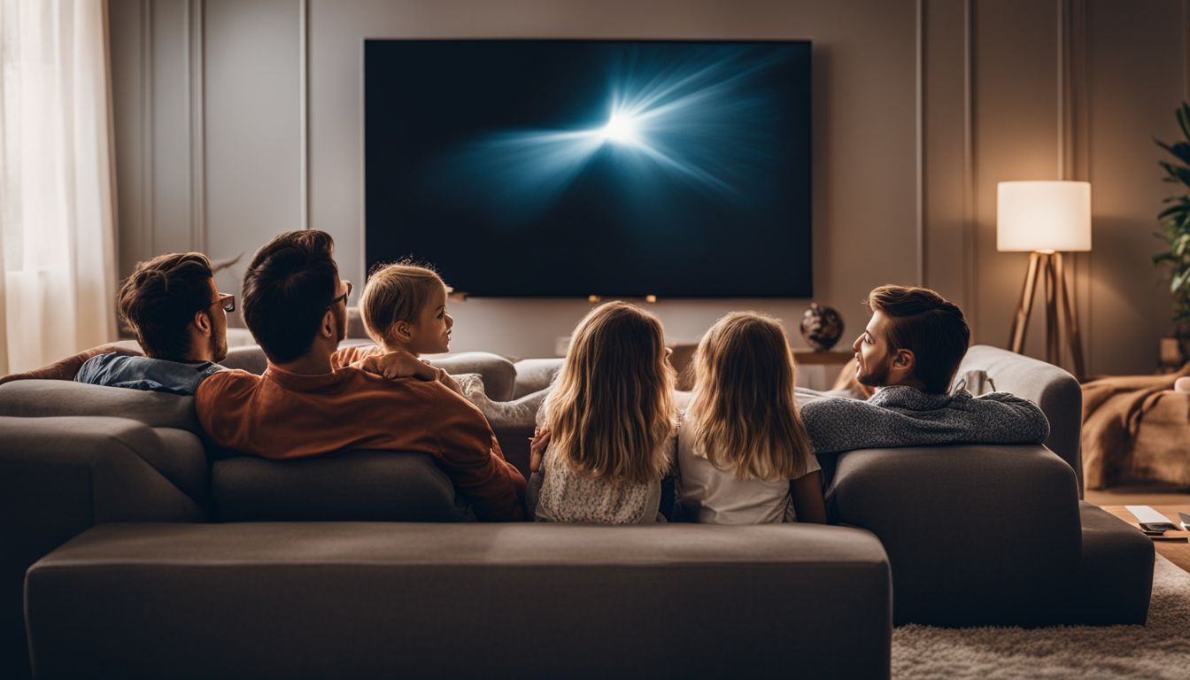 A diverse family enjoying a movie night on a large sofa with the XGIMI HORIZON Ultra 4K Home Projector.