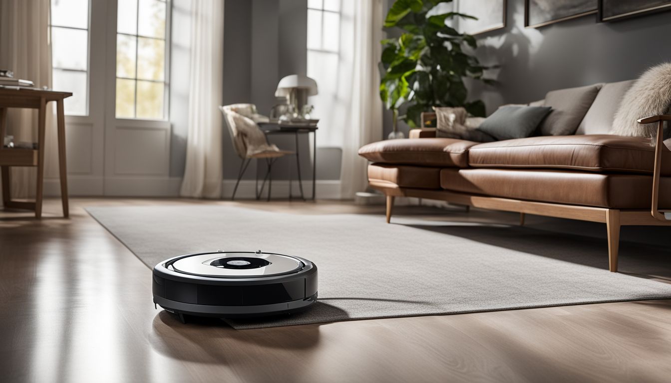 A photo of the iRobot Roomba 694 cleaning a modern apartment, with detailed features and high-quality imagery.