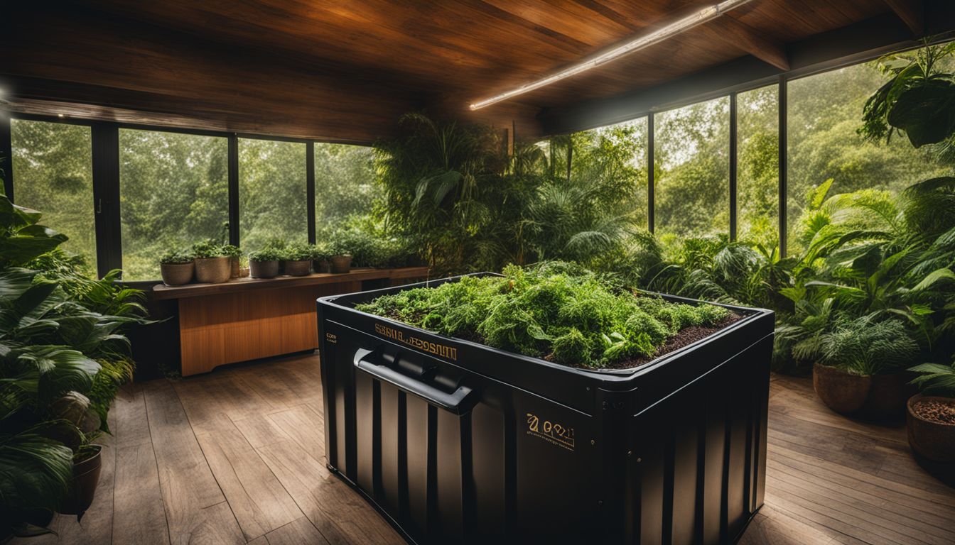 Indoor composting bin surrounded by plants, diverse people, and well-lit atmosphere, captured with a high-quality camera.