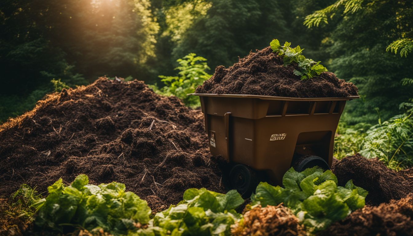 A vibrant compost pile surrounded by diverse people and lush greenery, captured with professional photography equipment.