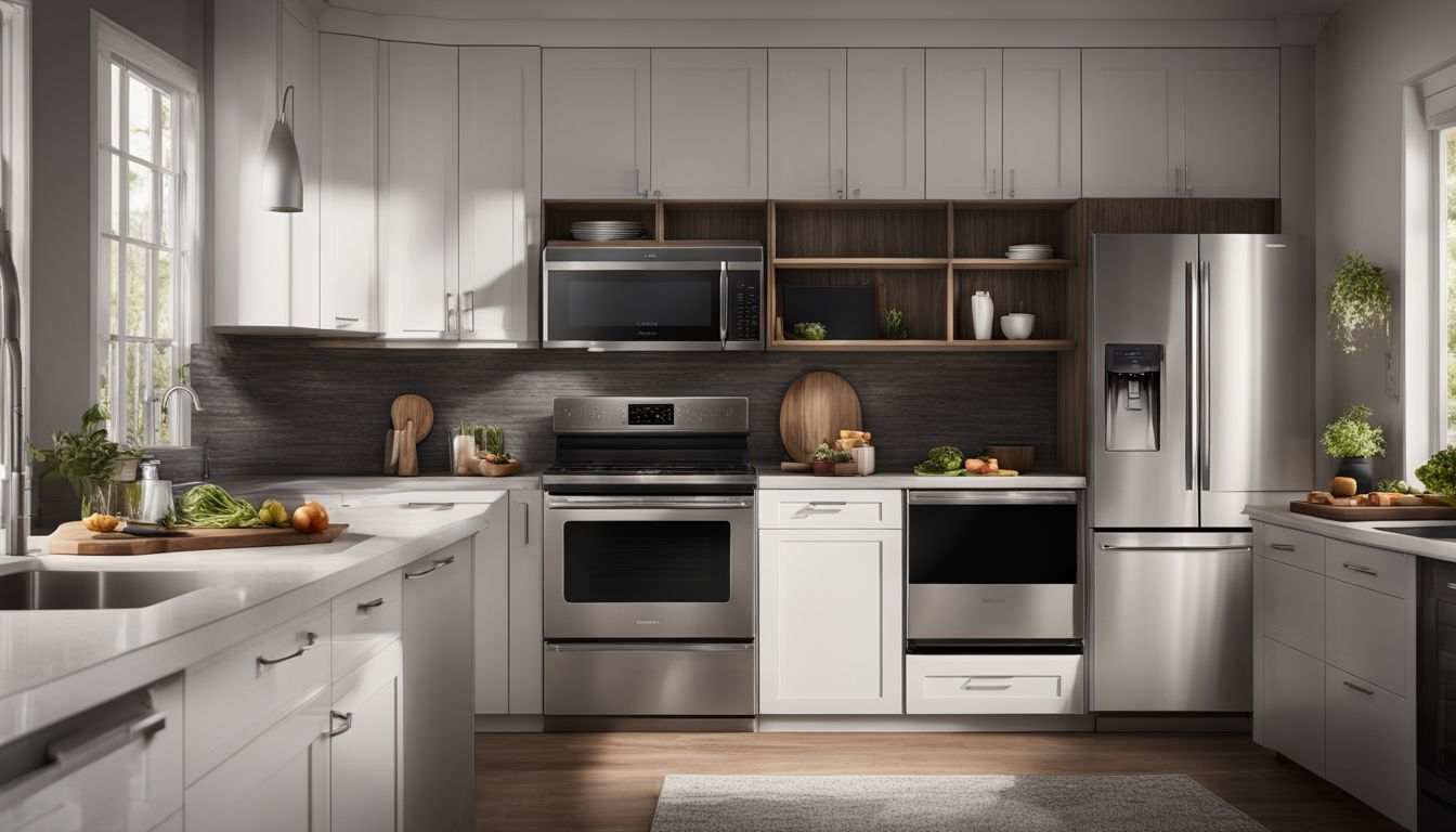 A modern kitchen featuring a sleek Samsung microwave with advanced cooking features.