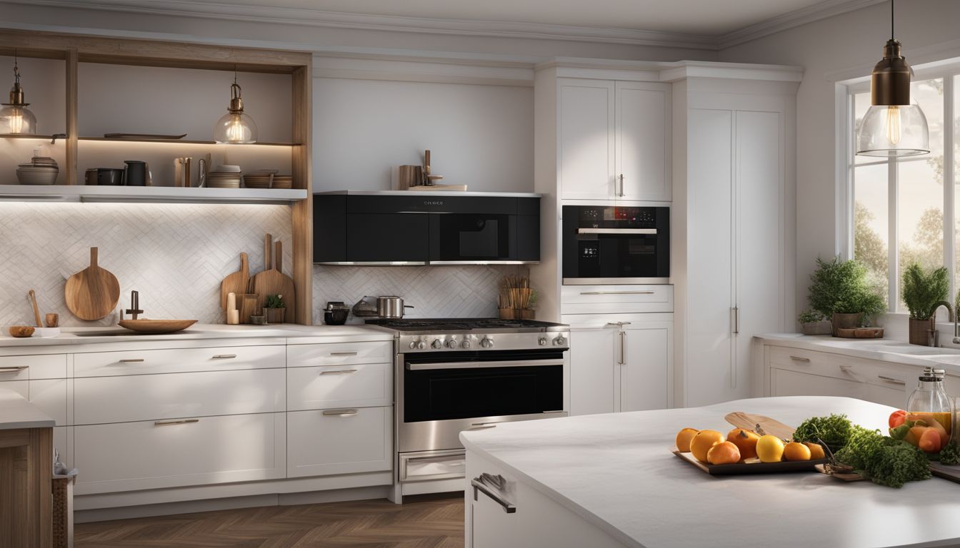 A modern kitchen with a stylish microwave, showcasing a clutter-free countertop and various detailed faces, hairstyles, and outfits.