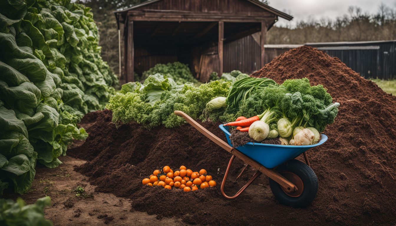 A photo of freshly harvested vegetables next to compost, featuring people with different styles and outfits.