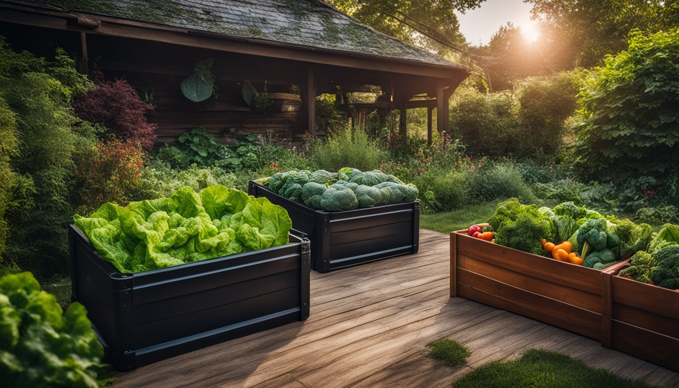 A vibrant garden with a compost bin and diverse people tending to vegetables, captured in stunning detail.