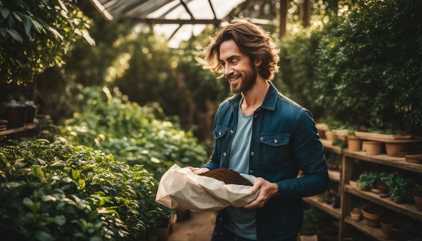 A gardener holding a bag of coffee grounds in a lush garden surrounded by diverse individuals, captured in high-quality photography.