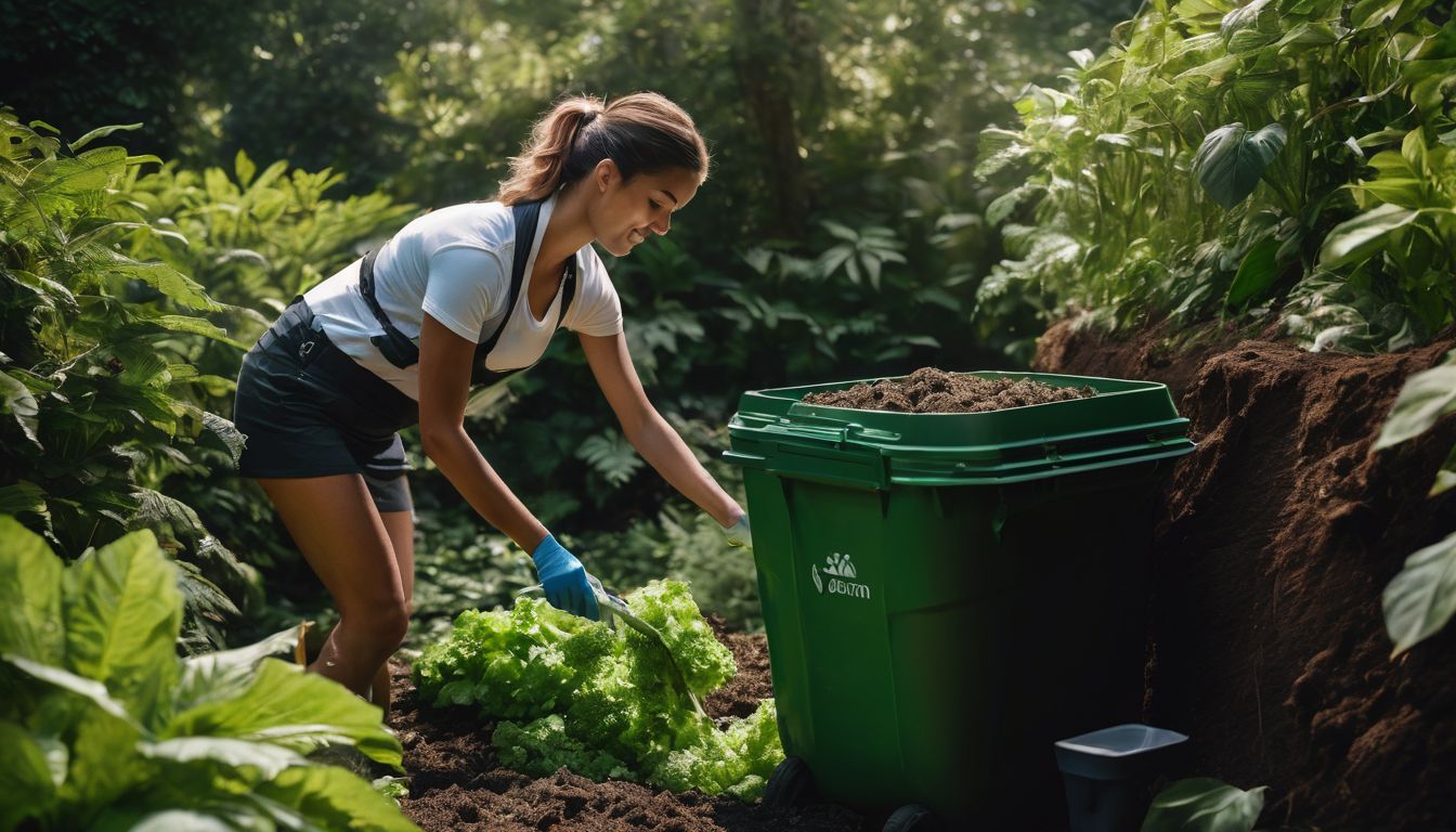 A person mixing organic waste in a compost bin surrounded by lush green plants in a bustling atmosphere.