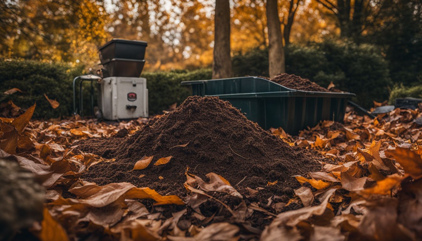 A pile of compost activators surrounded by fallen leaves in a garden, featuring people with different hairstyles and outfits.