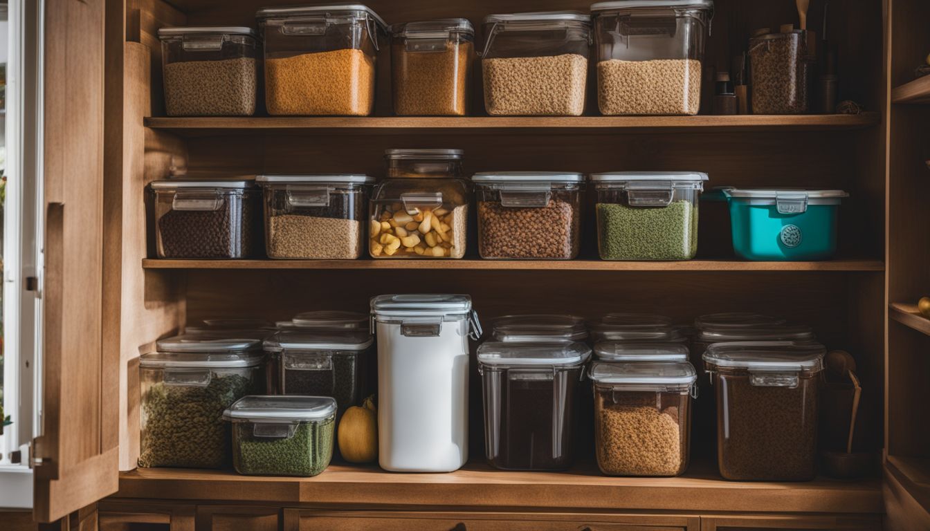 A photo of a well-stocked pantry with compost and garbage bins, showcasing sustainable living and variety in people's appearances.