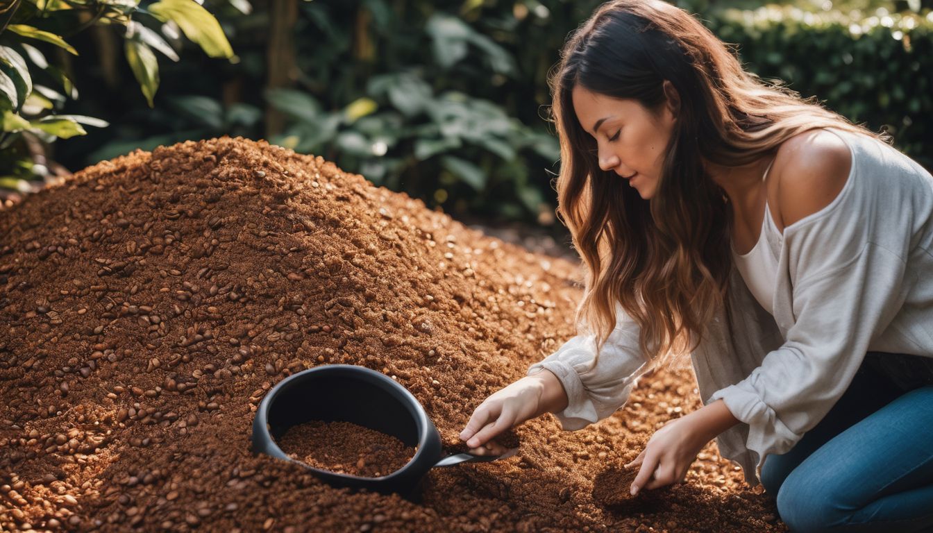 A person sprinkling coffee grounds onto a pile of leaves in a garden, surrounded by a diverse crowd.