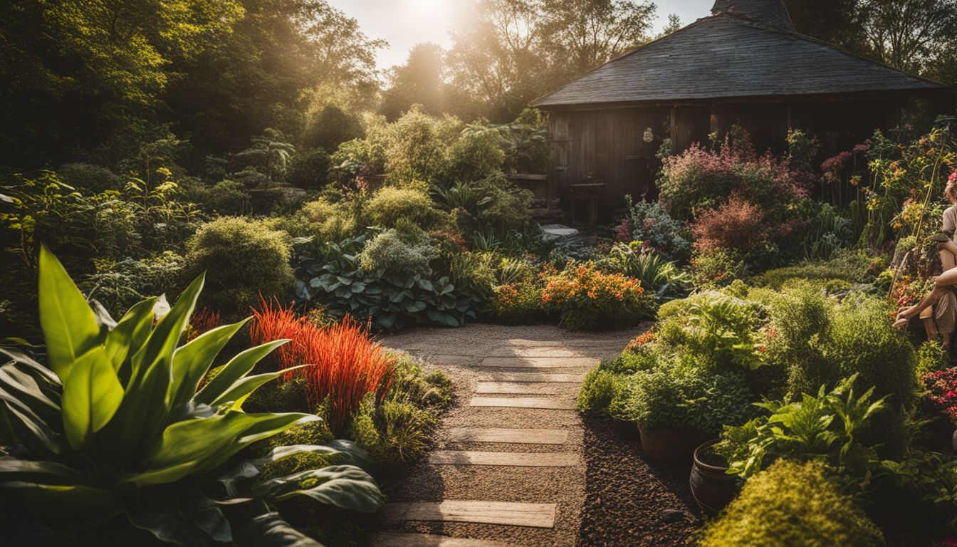 A photo of a diverse garden with various plants, showcasing the balance between carbon-rich and nitrogen-rich compost ingredients.