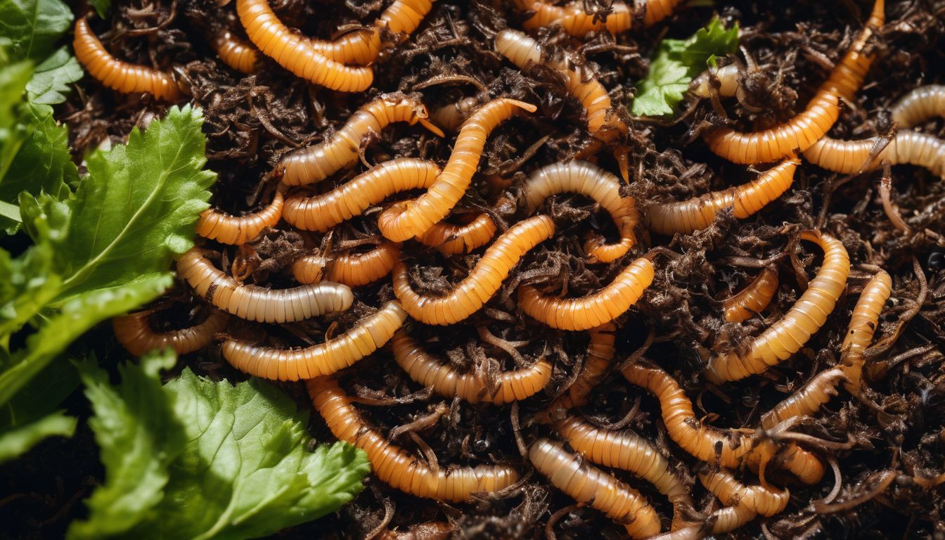 A diverse group of composting worms in a pile of organic waste, captured in a high-quality nature photograph.