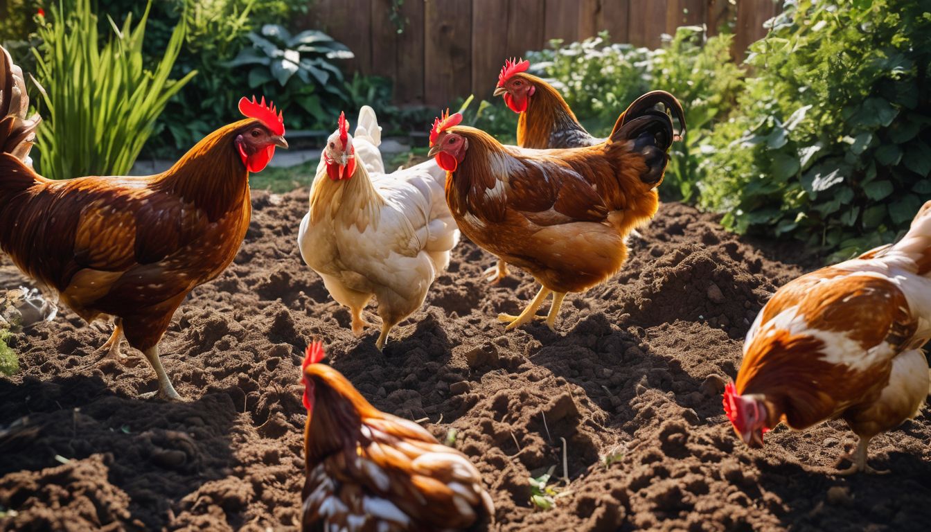 A diverse group of chickens happily pecking at a compost pile in a lush garden.