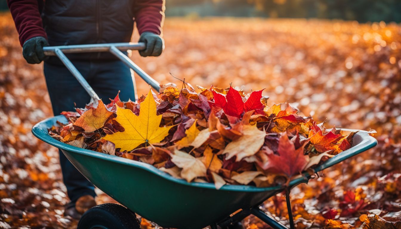 A gardener with various ethnicities and styles piles colorful autumn leaves in a wheelbarrow.