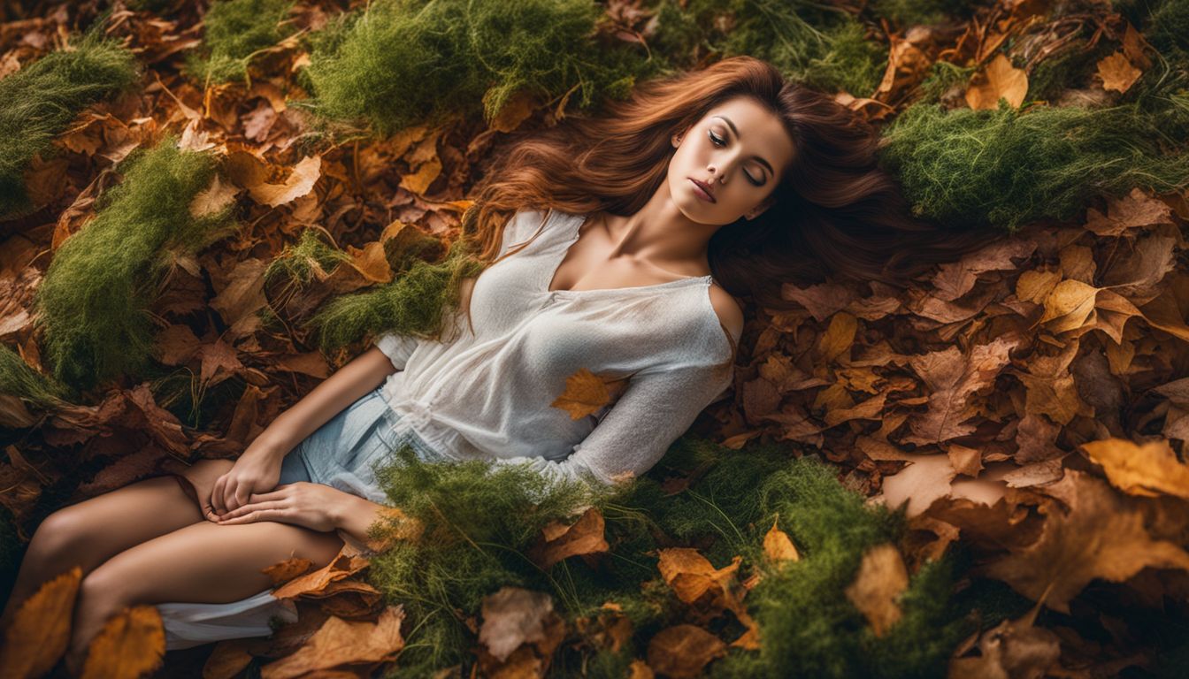 A nature photograph of fallen leaves, dead plants, and various people with different hairstyles and outfits.