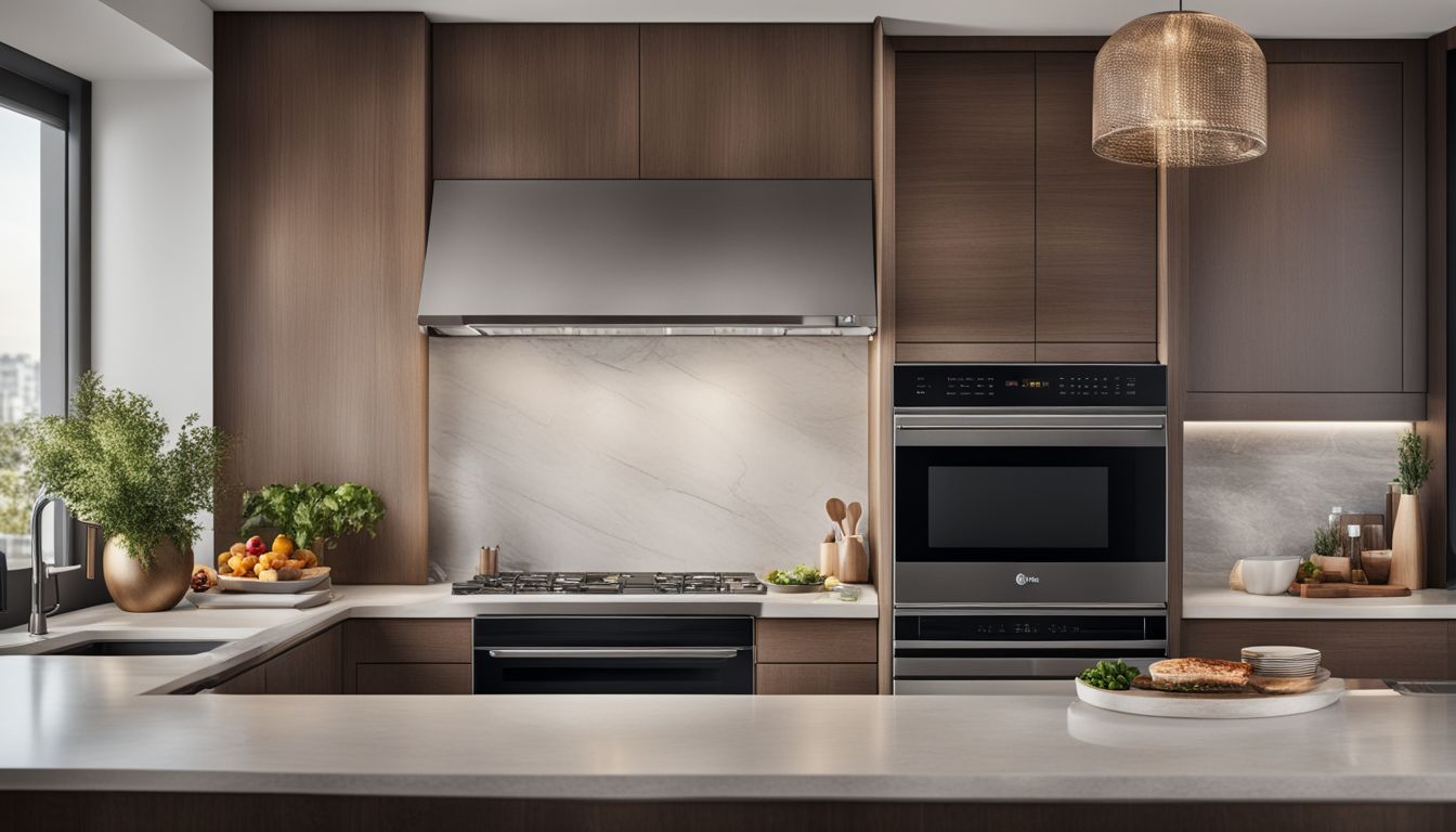 A photo showcasing a sleek LG Over-the-Range Microwave in a beautiful kitchen with various people and outfits.