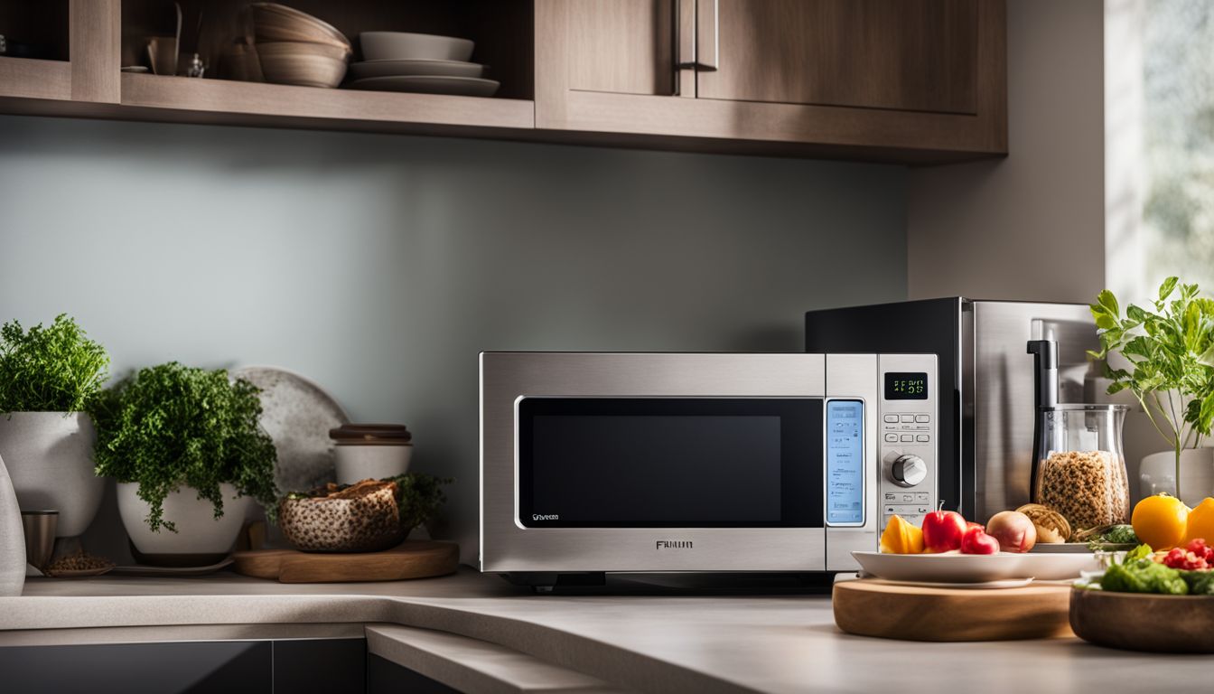 A sleek microwave oven surrounded by discounted accessories creates a bustling atmosphere in a commercial photograph.