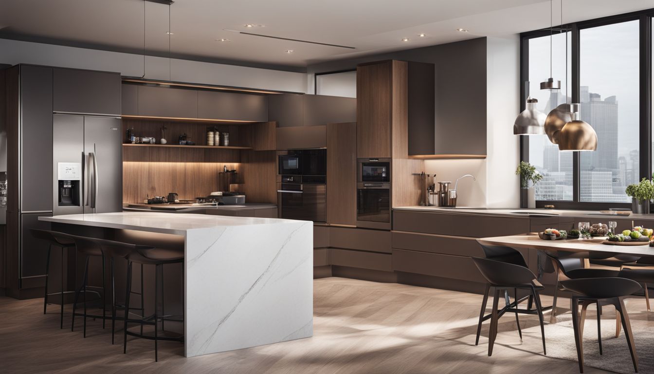 A modern kitchen with a high-rated microwave as the centerpiece, surrounded by diverse people and a bustling atmosphere.