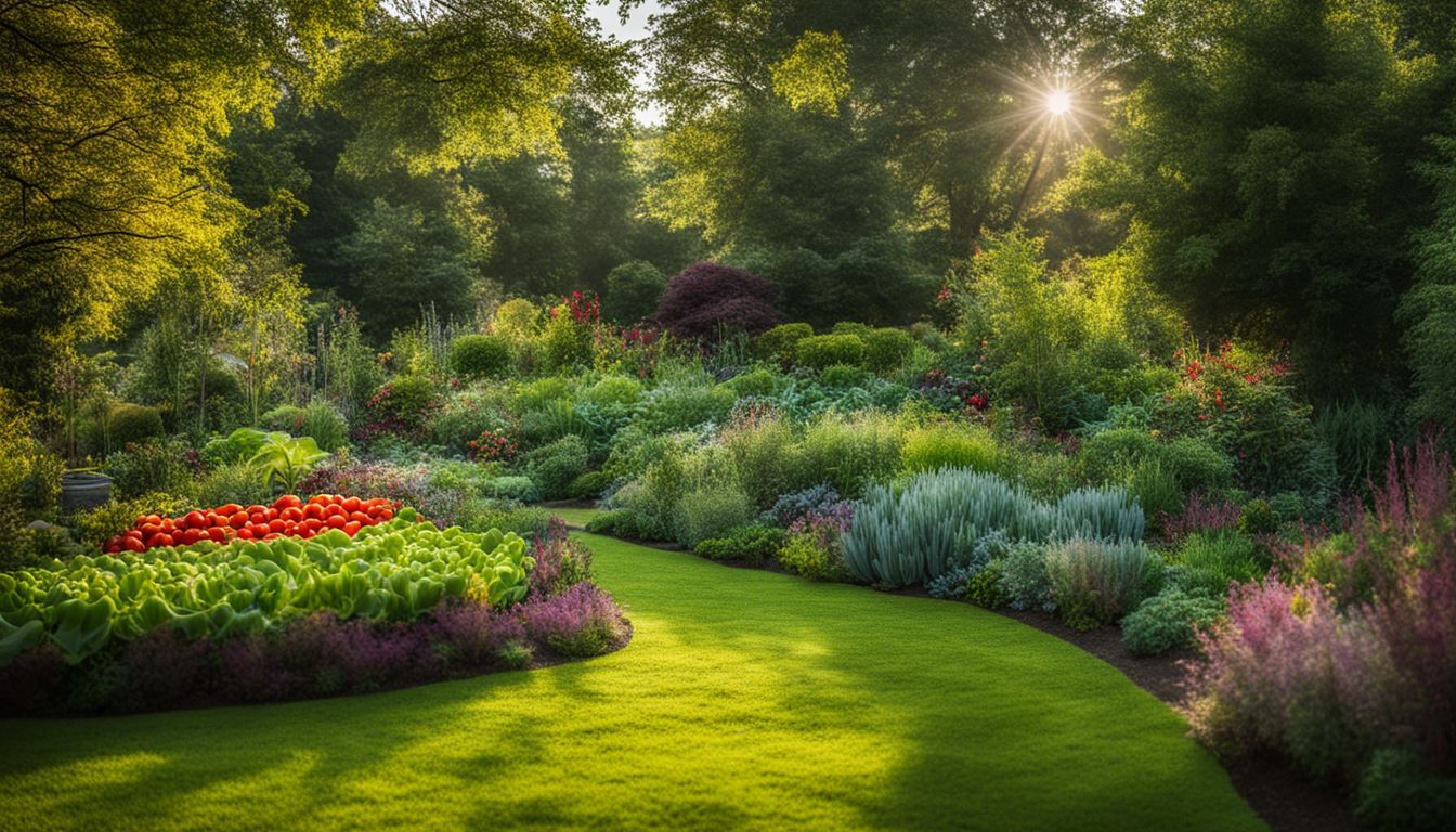 A diverse group of people in a vibrant garden filled with healthy plants and vegetables.