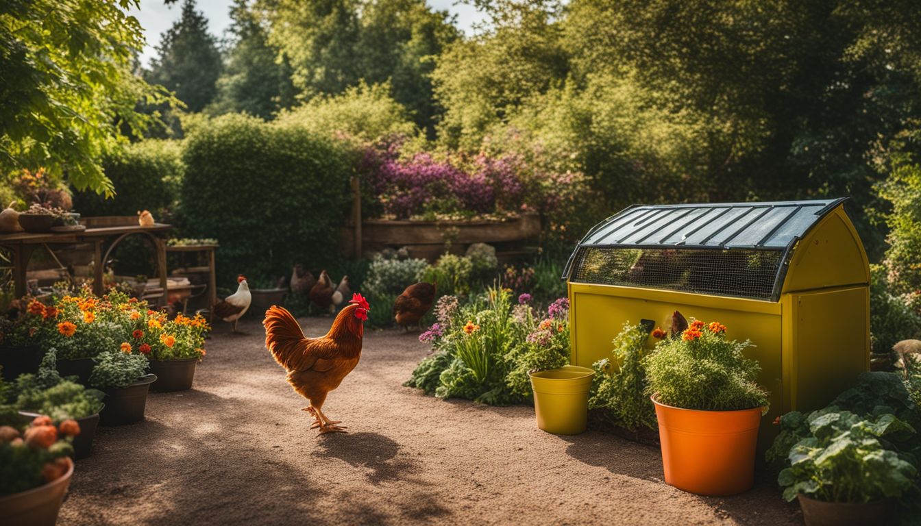 A colorful garden with chickens and a compost bin, featuring a variety of people with different looks and outfits.