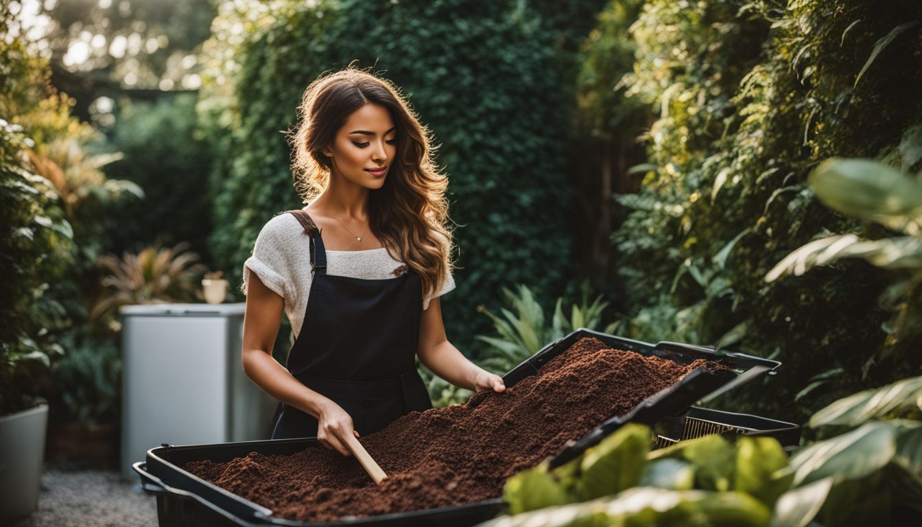 A woman holding a compost bin in a lush garden with diverse people, styles, and a bustling atmosphere.