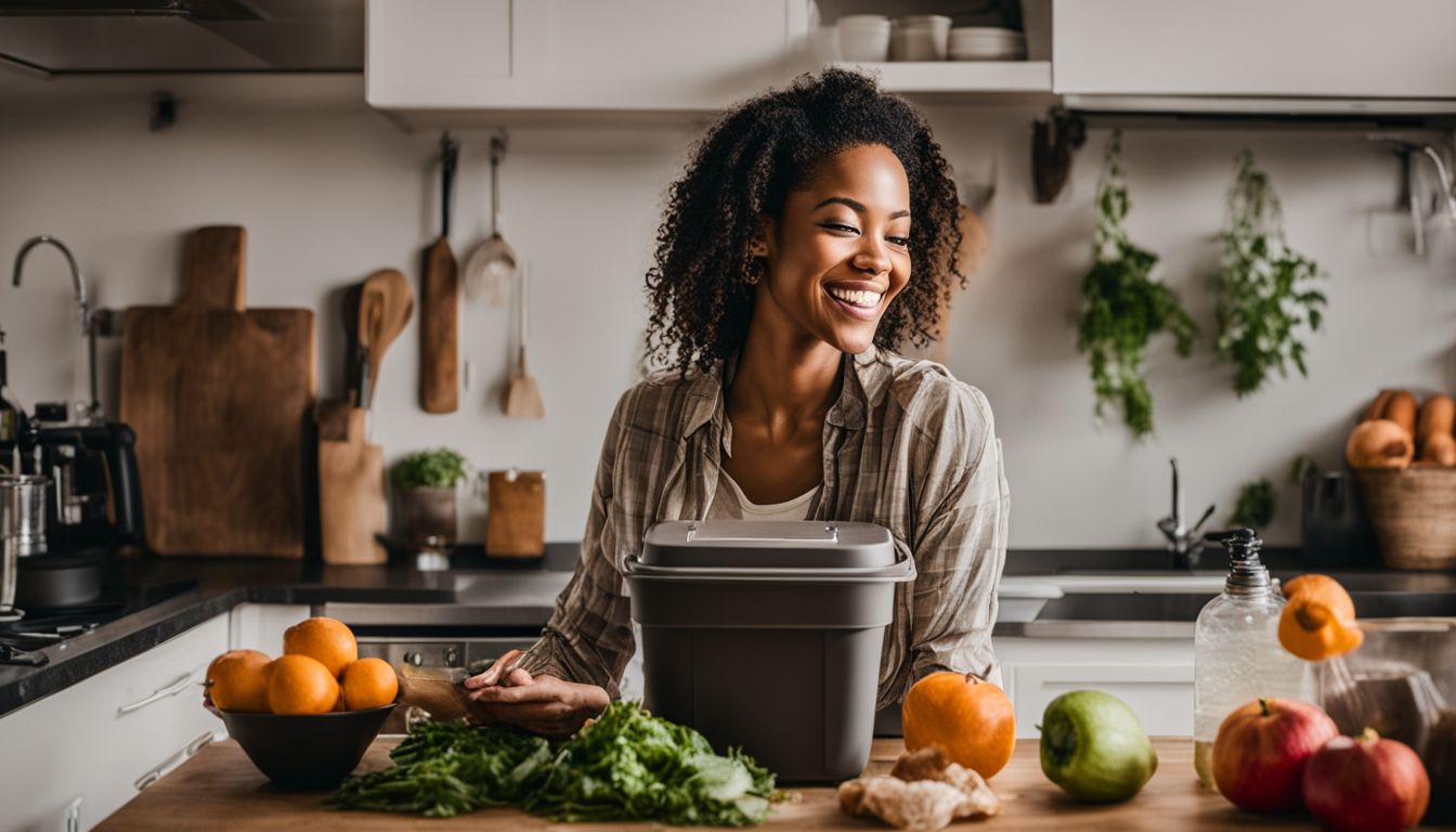 A woman composting food scraps in her kitchen with a bokashi bin.