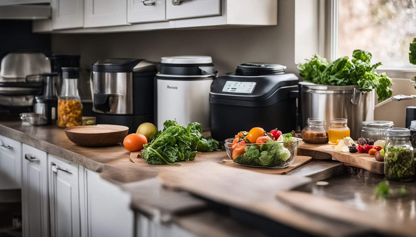 The image shows a variety of Bokashi composting equipment and food waste in a tidy kitchen.