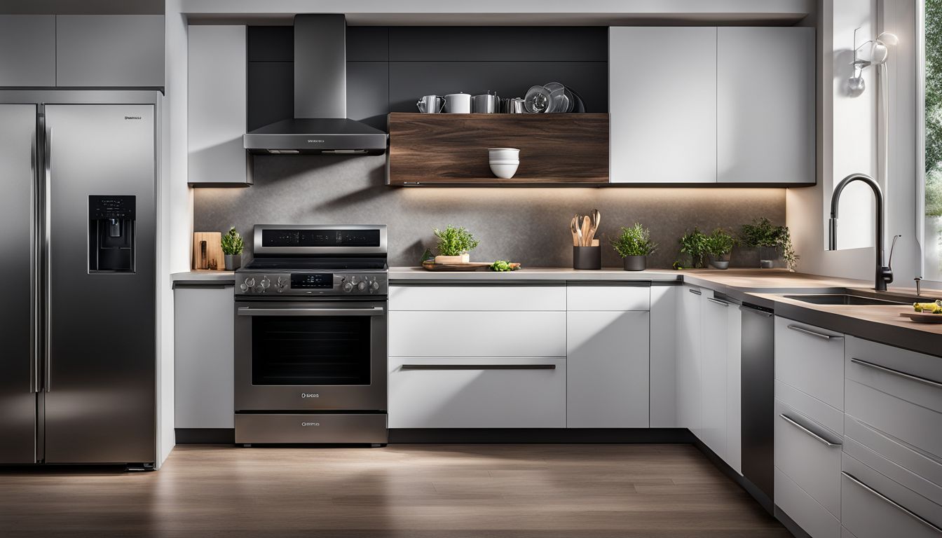 A photo of a modern kitchen with black stainless steel Bosch appliances.