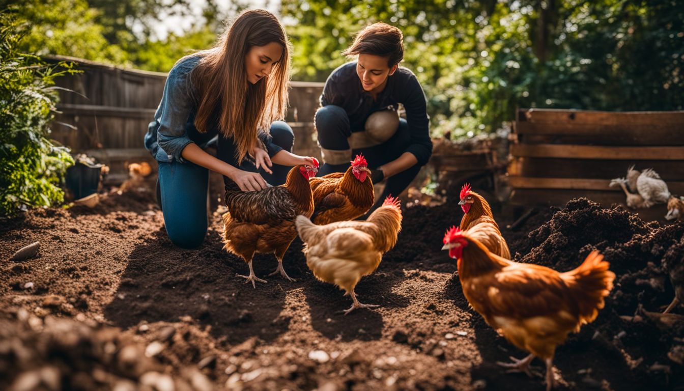 Chickens pecking and scratching at a compost pile in a garden, captured in a well-lit and bustling atmosphere.