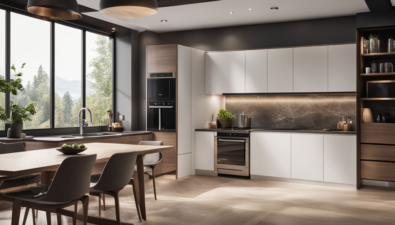 A modern kitchen with a built-in microwave seamlessly integrated into the cabinets.
