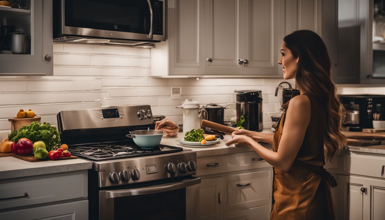 A woman cooks on her stovetop with a variety of appliances and a bustling atmosphere in her well-lit kitchen.