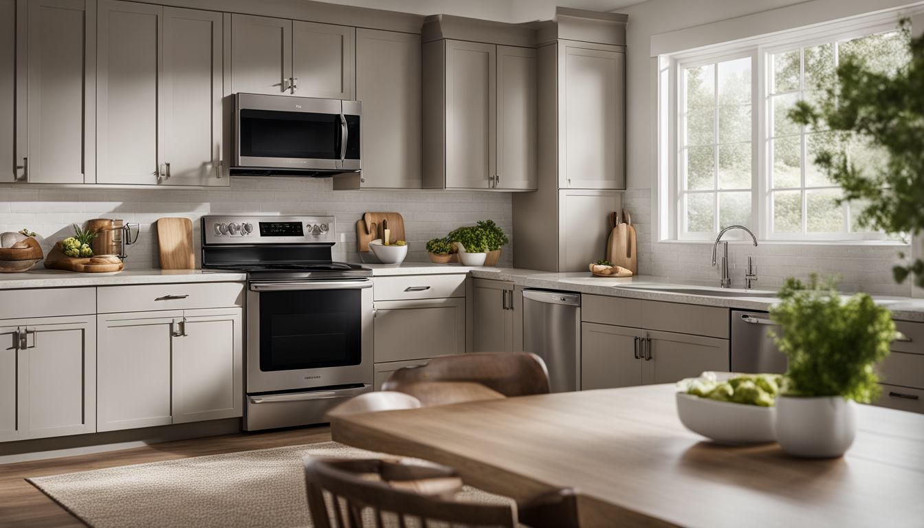 The photo depicts a spacious kitchen with a variety of Samsung over-the-range microwaves in different sizes.