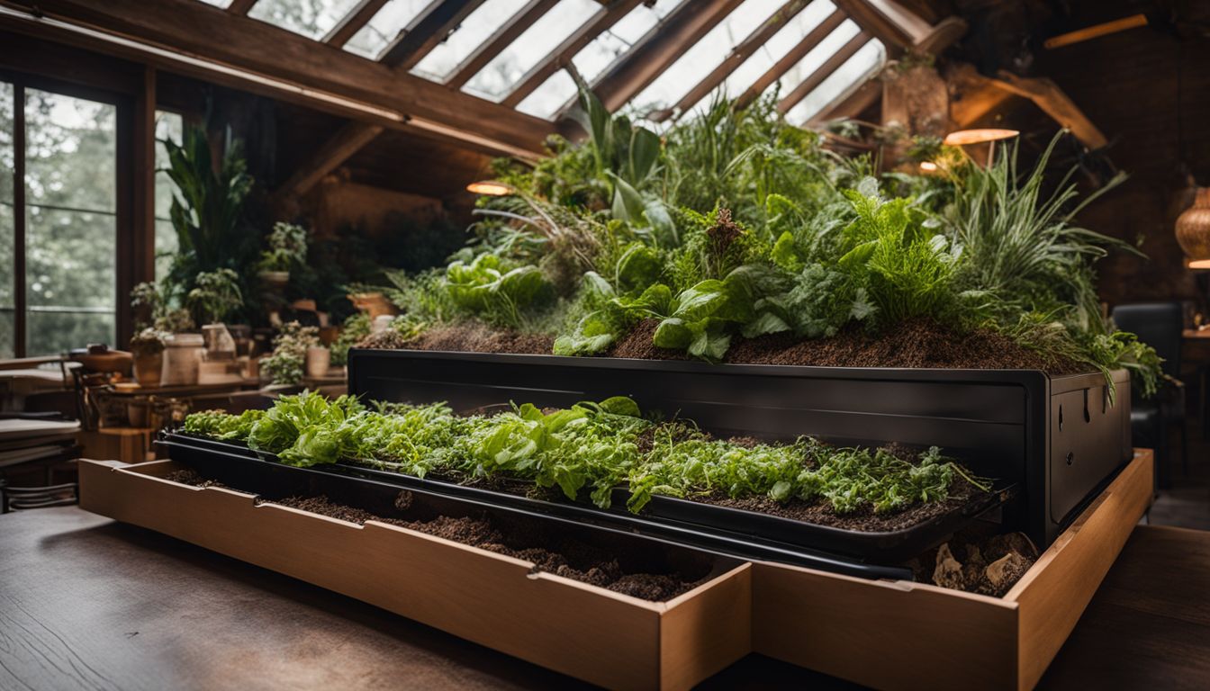 The photo shows an indoor composting system surrounded by potted plants and people of different ethnicities and styles.