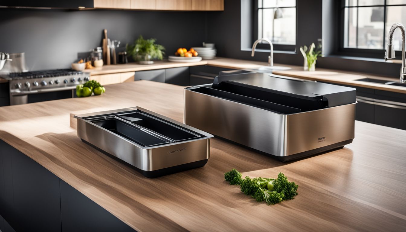 A modern kitchen countertop with a stainless steel composting bin, surrounded by people with different appearances and styles.