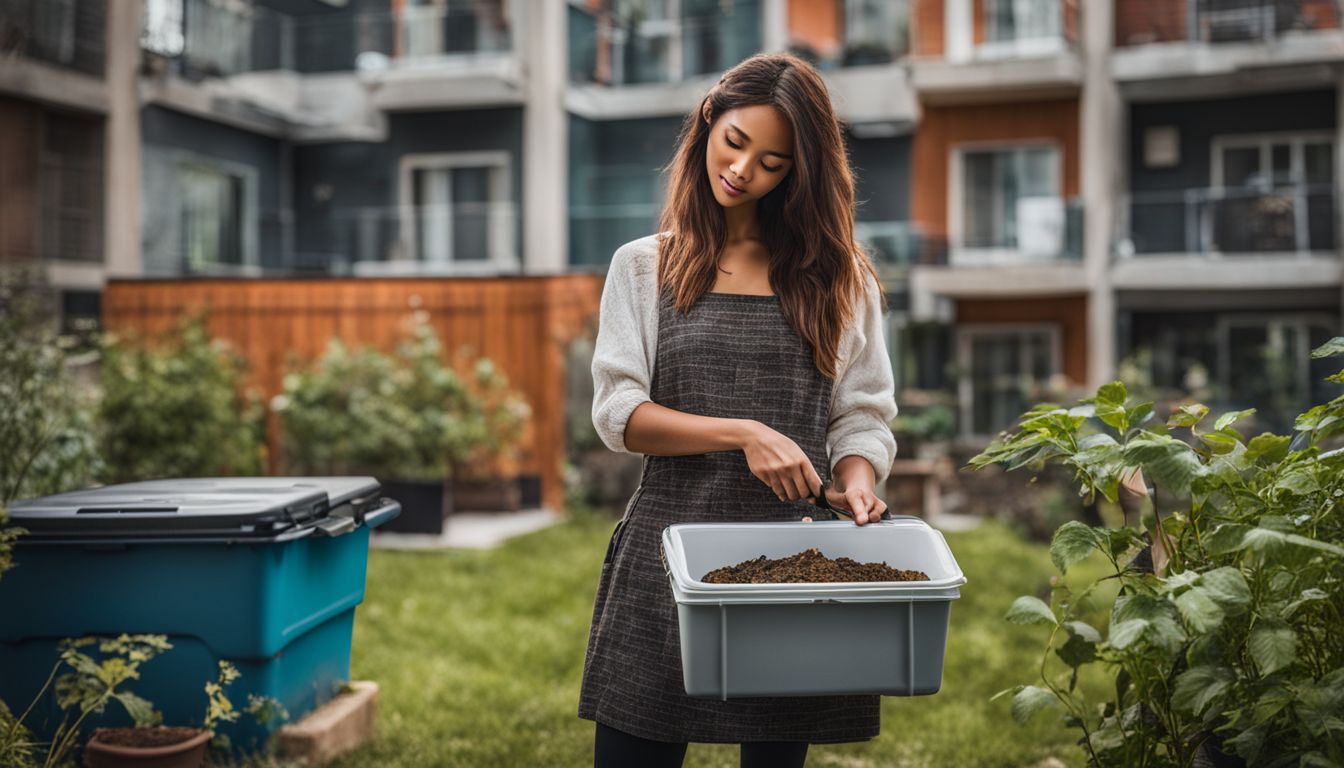 A person holding a kitchen compost bin in front of apartment buildings, surrounded by a diverse and bustling urban gardening scene.