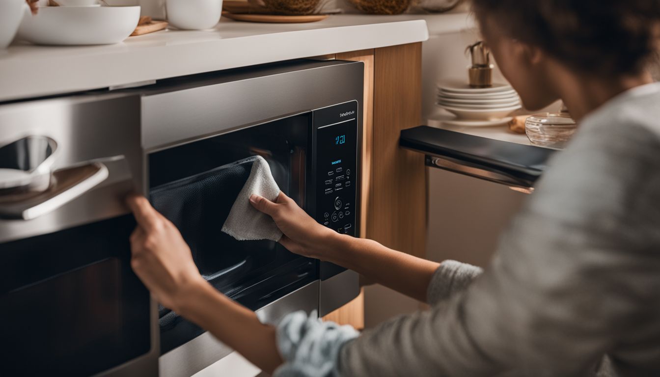 A person cleaning the interior of a microwave with a damp cloth in a busy household.