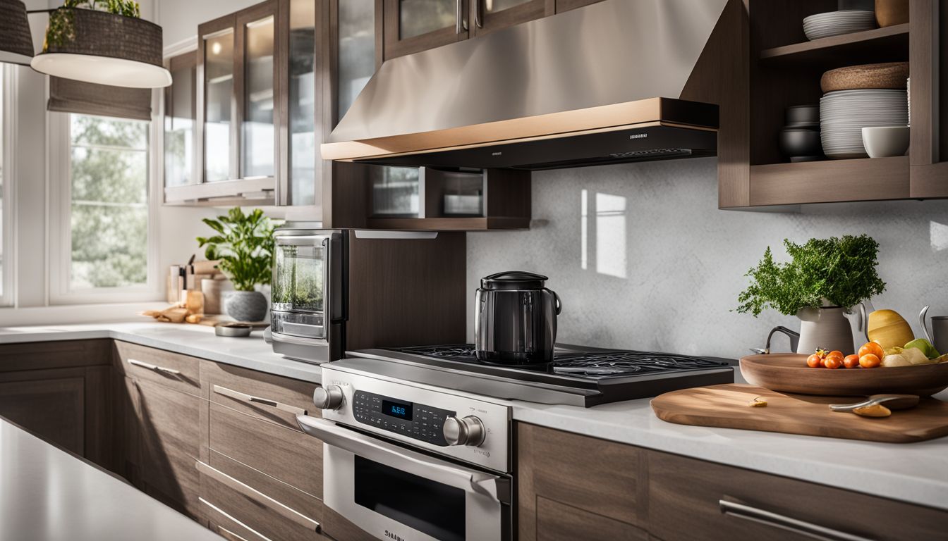 A photo of a clean Samsung over-the-range microwave in a pristine kitchen environment.