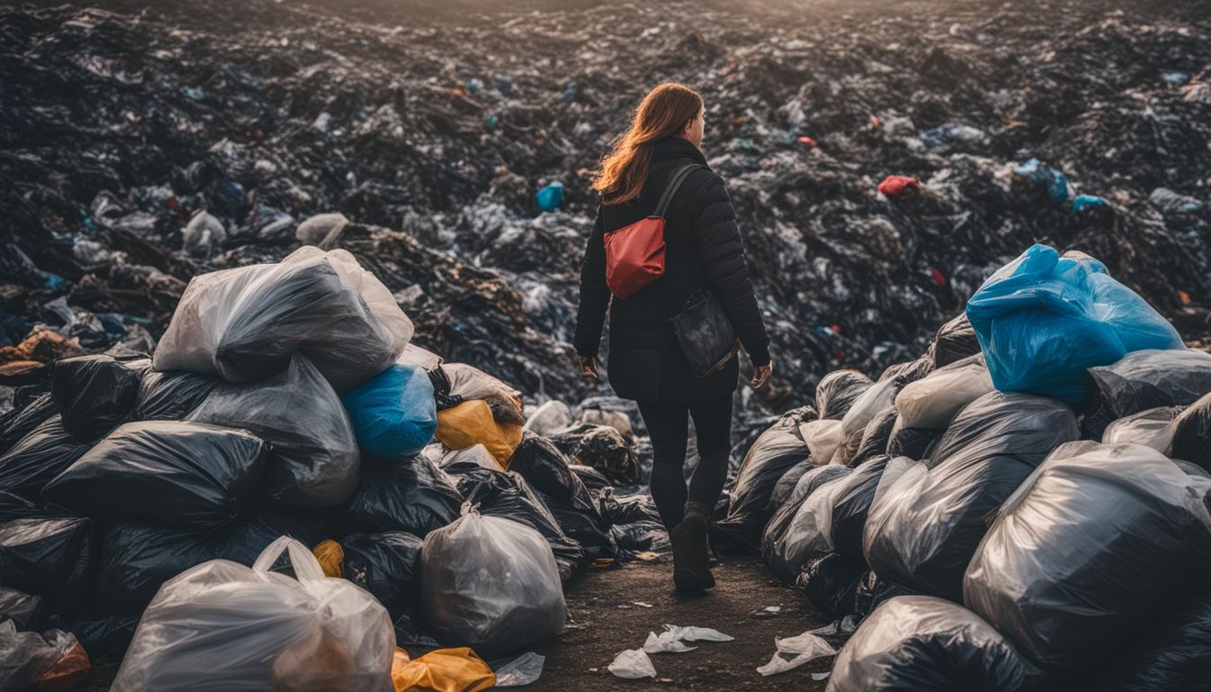 A photo of a crowded landfill with garbage bags, featuring various people with different appearances and outfits.