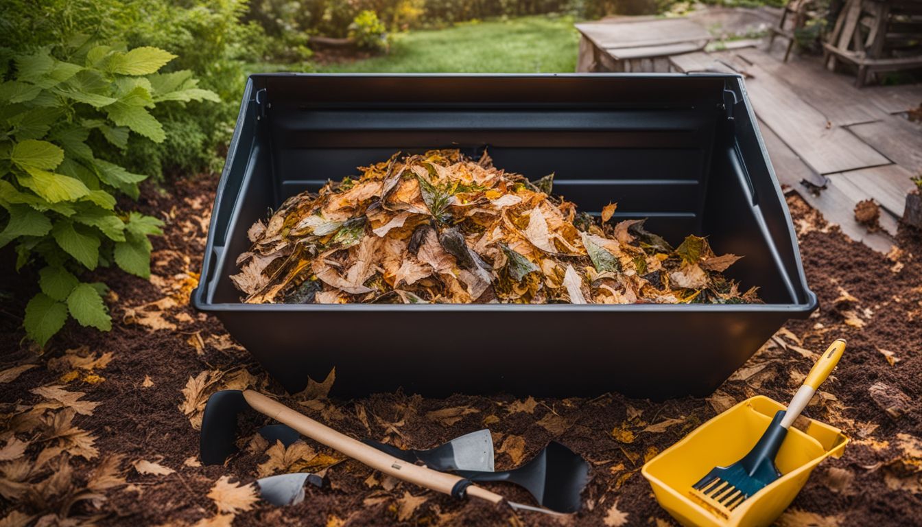 A backyard compost bin filled with unshredded leaves, surrounded by gardening tools and various people with different appearances.