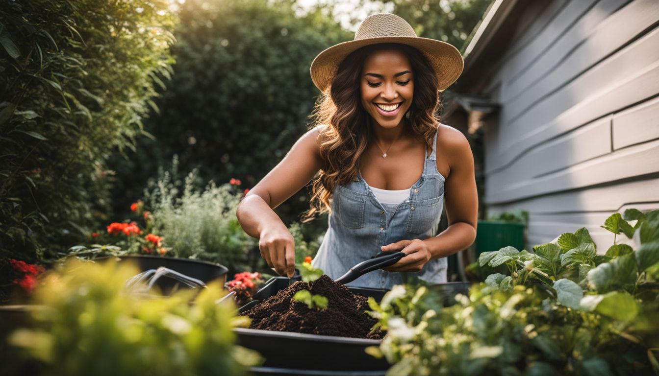 A woman happily gardening in her thriving compost-filled yard surrounded by vibrant plants and nature.