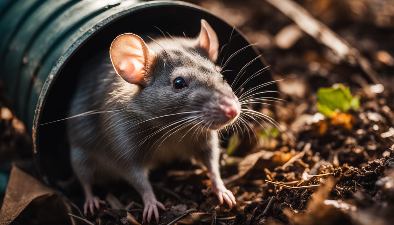 A rat searching for food in a messy compost bin in a bustling outdoor setting.