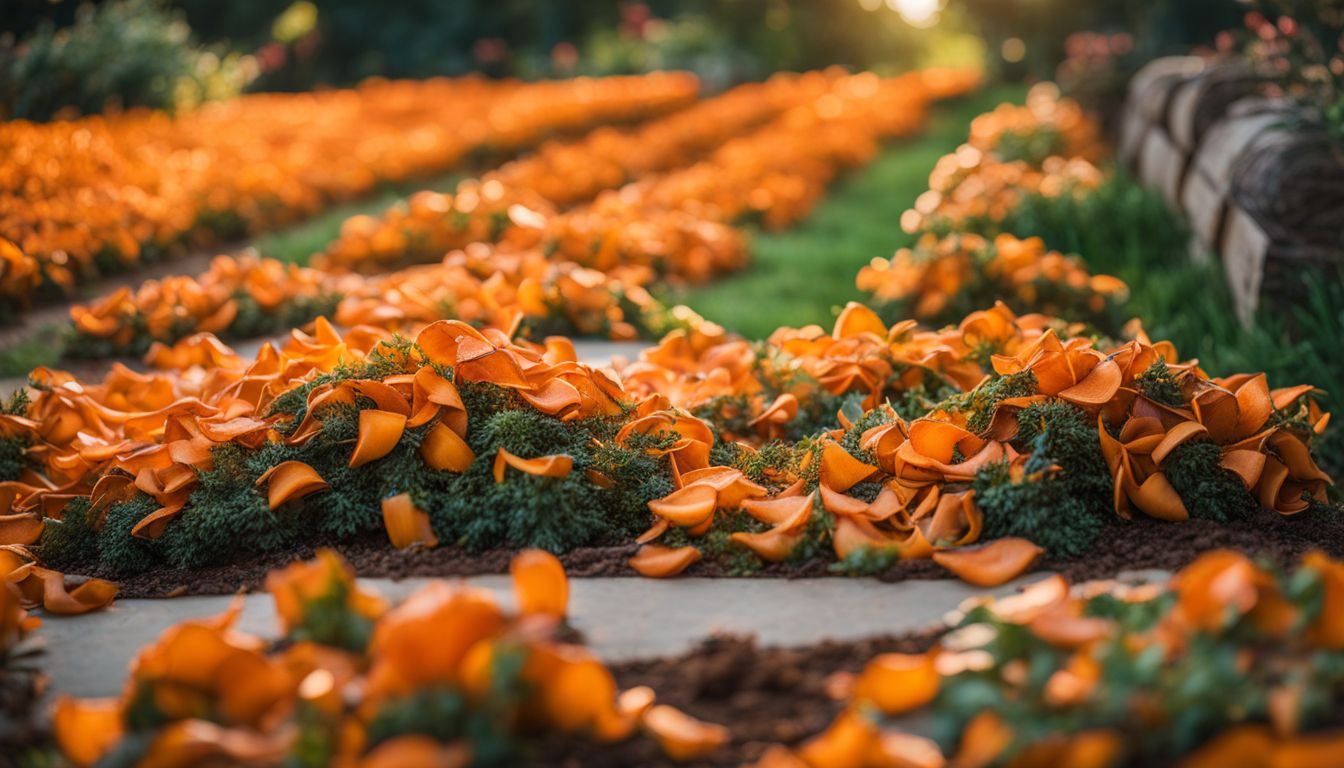 A diverse group of people enjoying a beautiful garden surrounded by vibrant orange peels.