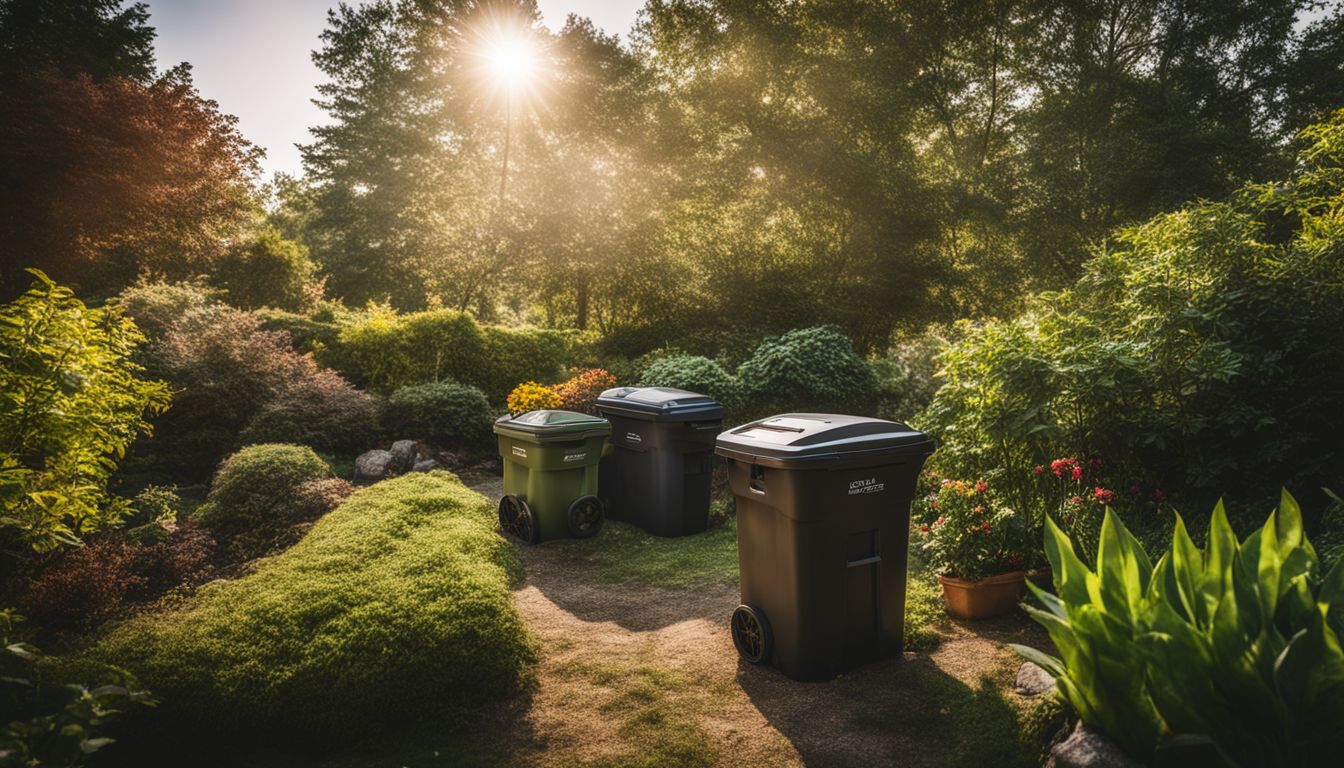 A diverse group of people tending to a vibrant garden with compost bins and a garbage disposal unit.