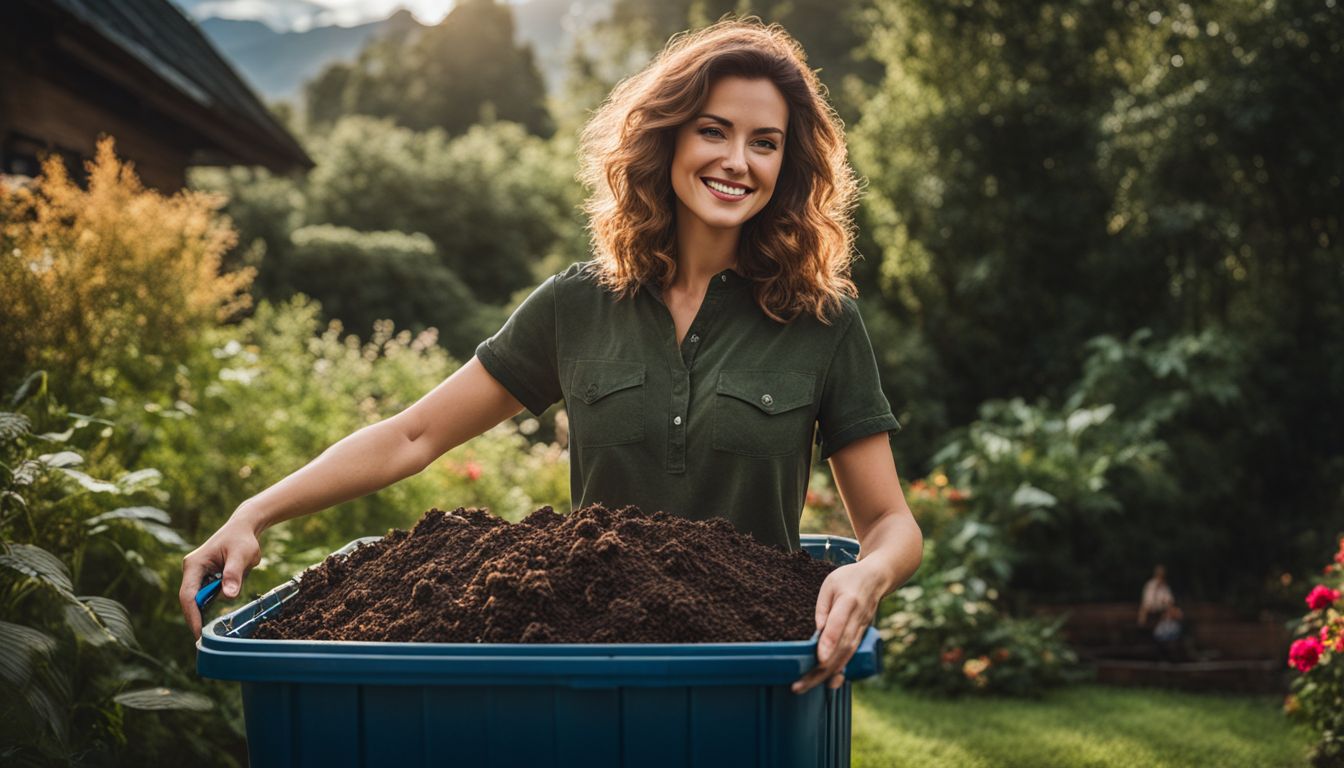 A Caucasian woman holding a bin of compost in a lush garden backdrop with diverse people and a bustling atmosphere.