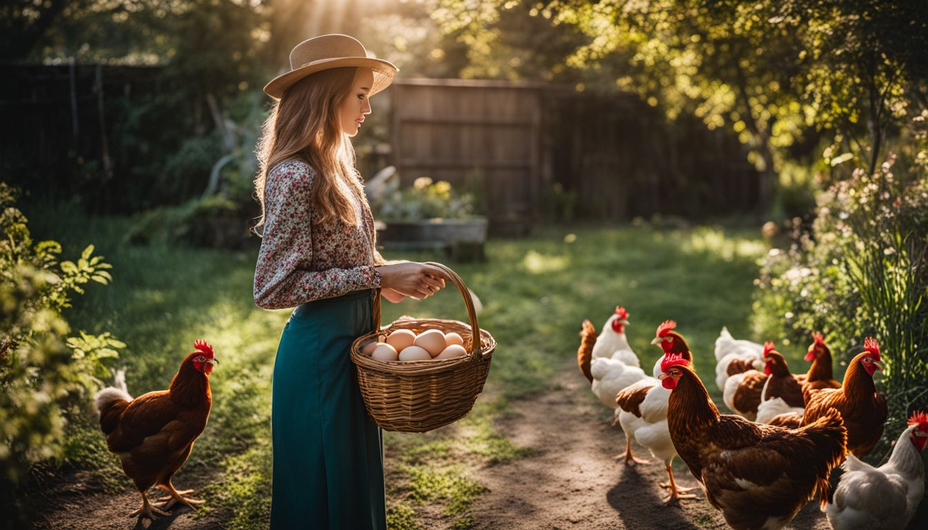 A person holds a basket of fresh eggs in a backyard garden with chickens while surrounded by nature and different people.