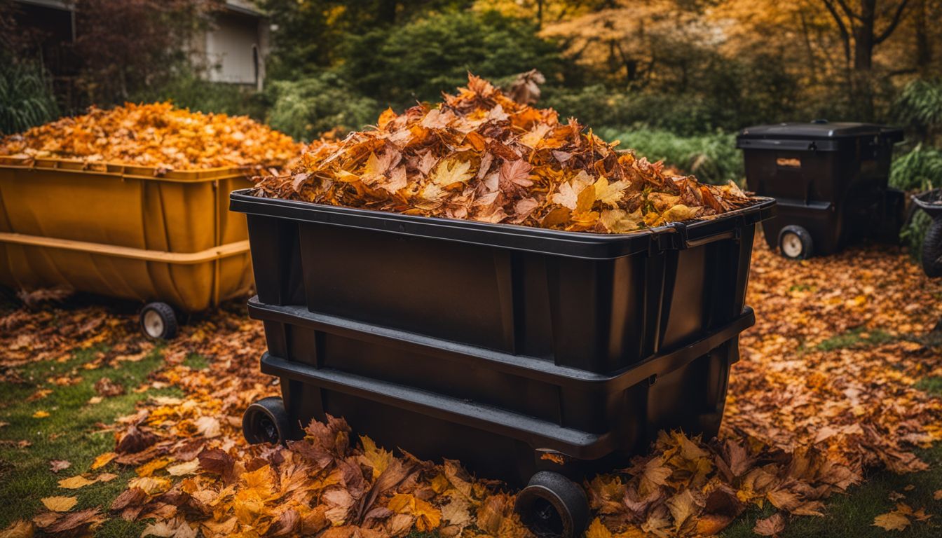 An autumn scene in a garden with leaves and compost bins, featuring people with different styles and outfits.