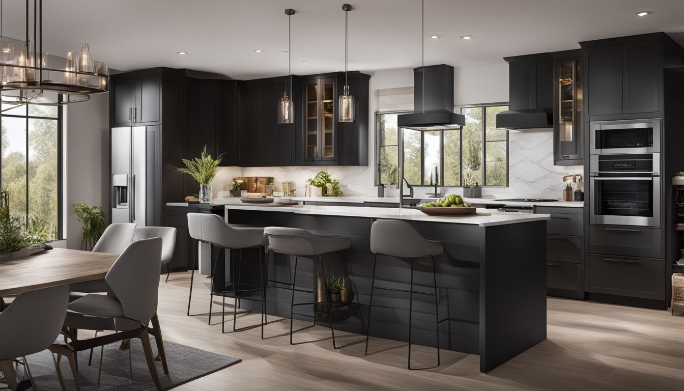 A modern kitchen with black stainless steel appliances, featuring a sleek and stylish design.