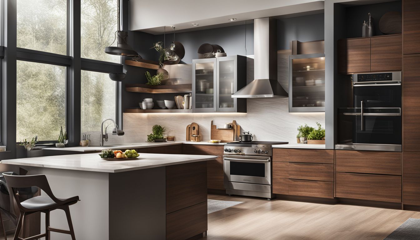 A modern kitchen with a GE over-the-range microwave surrounded by stylish countertops and appliances.