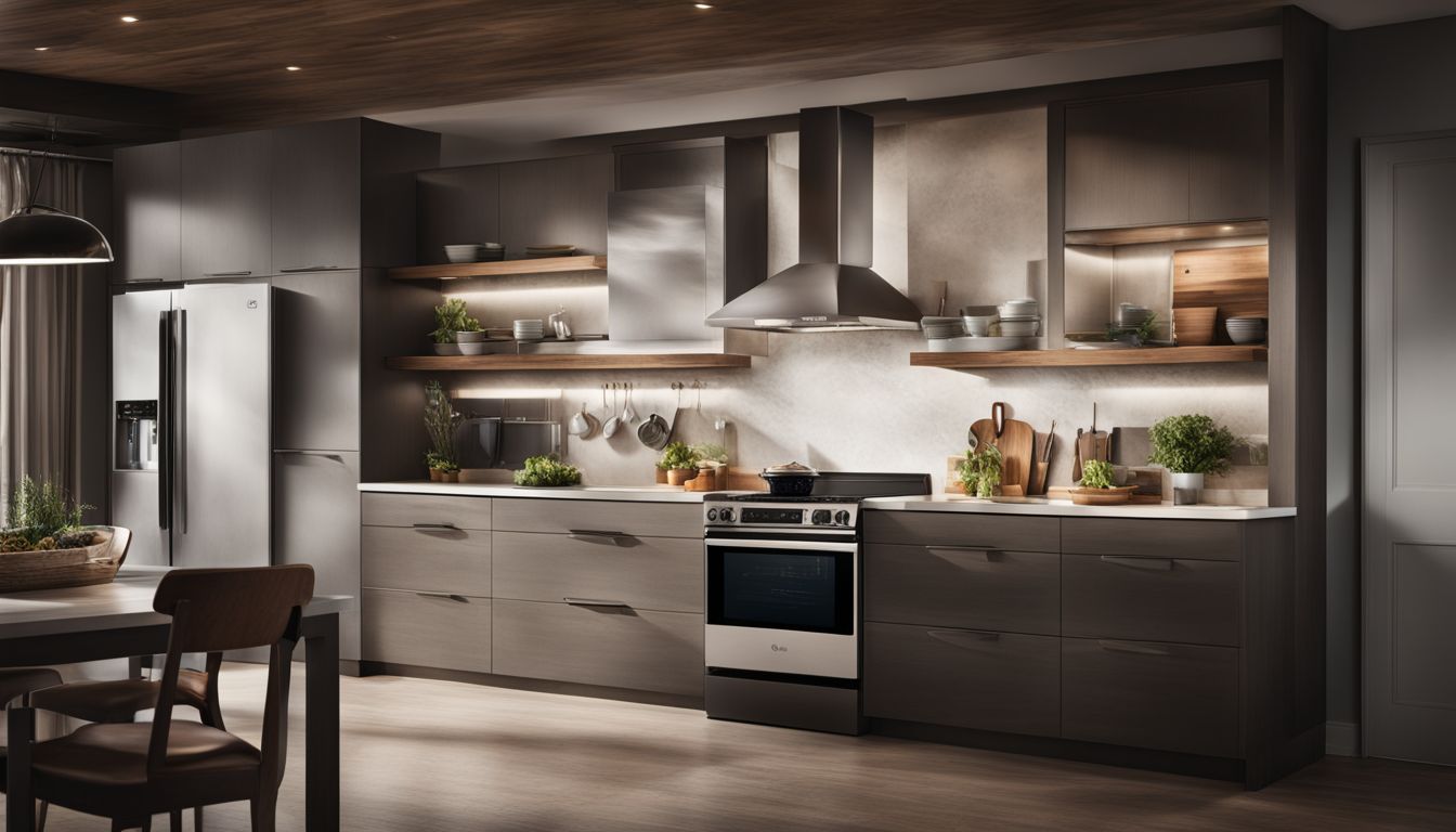 A modern kitchen with an LG Over-the-Range Microwave, featuring a variety of people and bustling atmosphere.