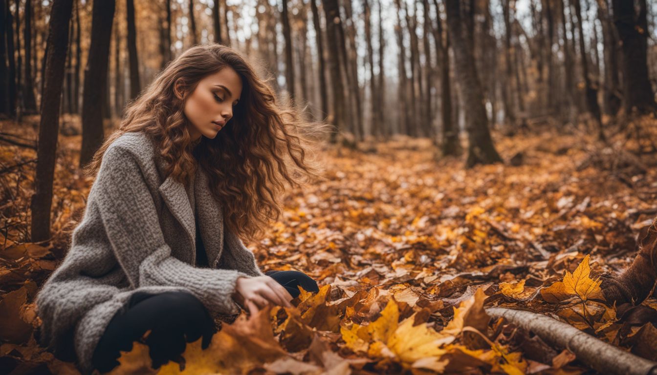 A photo of Fall leaves in a wooded area with people in different outfits and hairstyles, giving a natural and cinematic atmosphere.